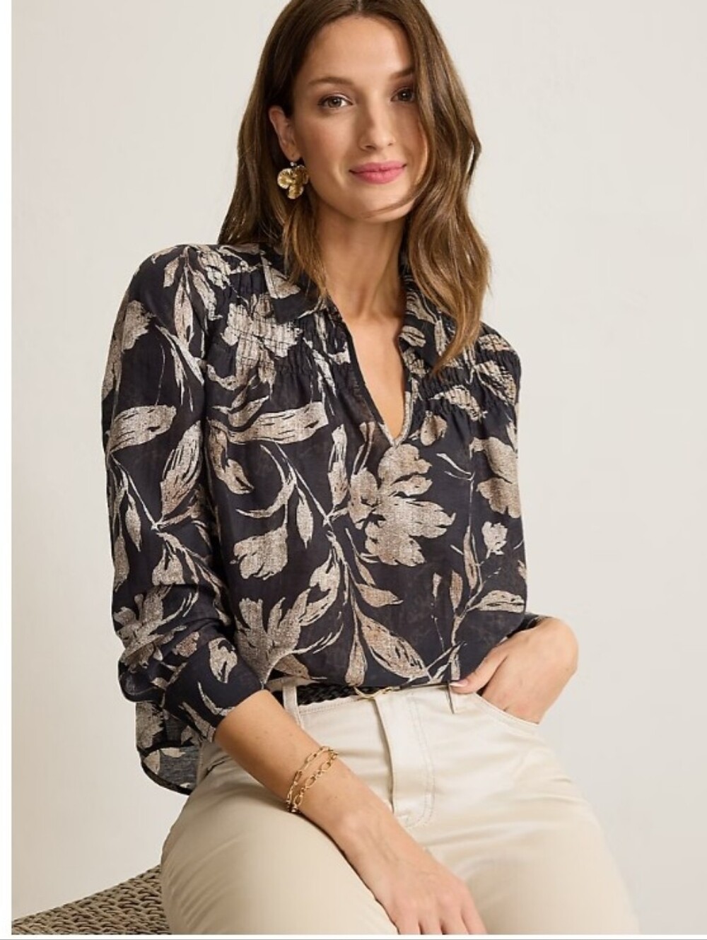 Tommy Bahama Bloom Beauty Linen-Blend Popover Top Coastal Chic Size Large